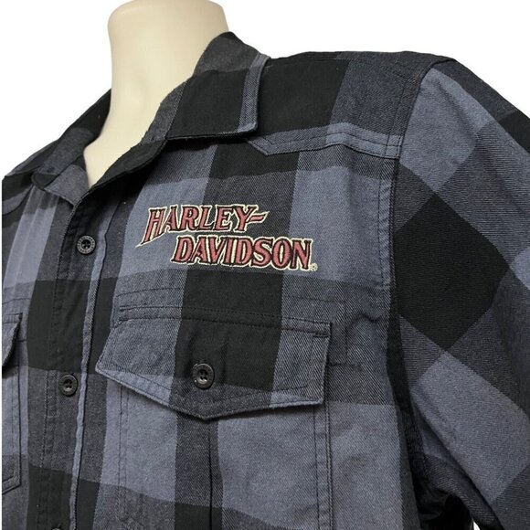 Harley Davidson Mechanic Garage Plaid Gray Black Button Up Shirt Large Pockets - Picture 5 of 8
